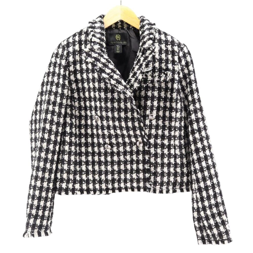 House‎ of Harlow Sz S Houndstooth Tweed Cropped Blazer Jacket Wool Blend Fall